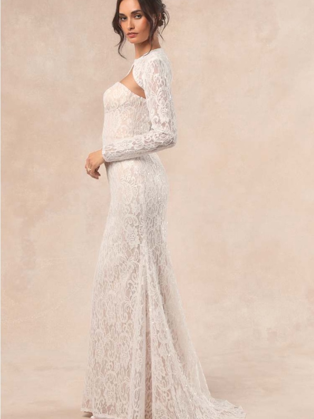 Lulu's Neska White and Beige Lace Maxi Dress and Shrug Set - Picture 3 of 7